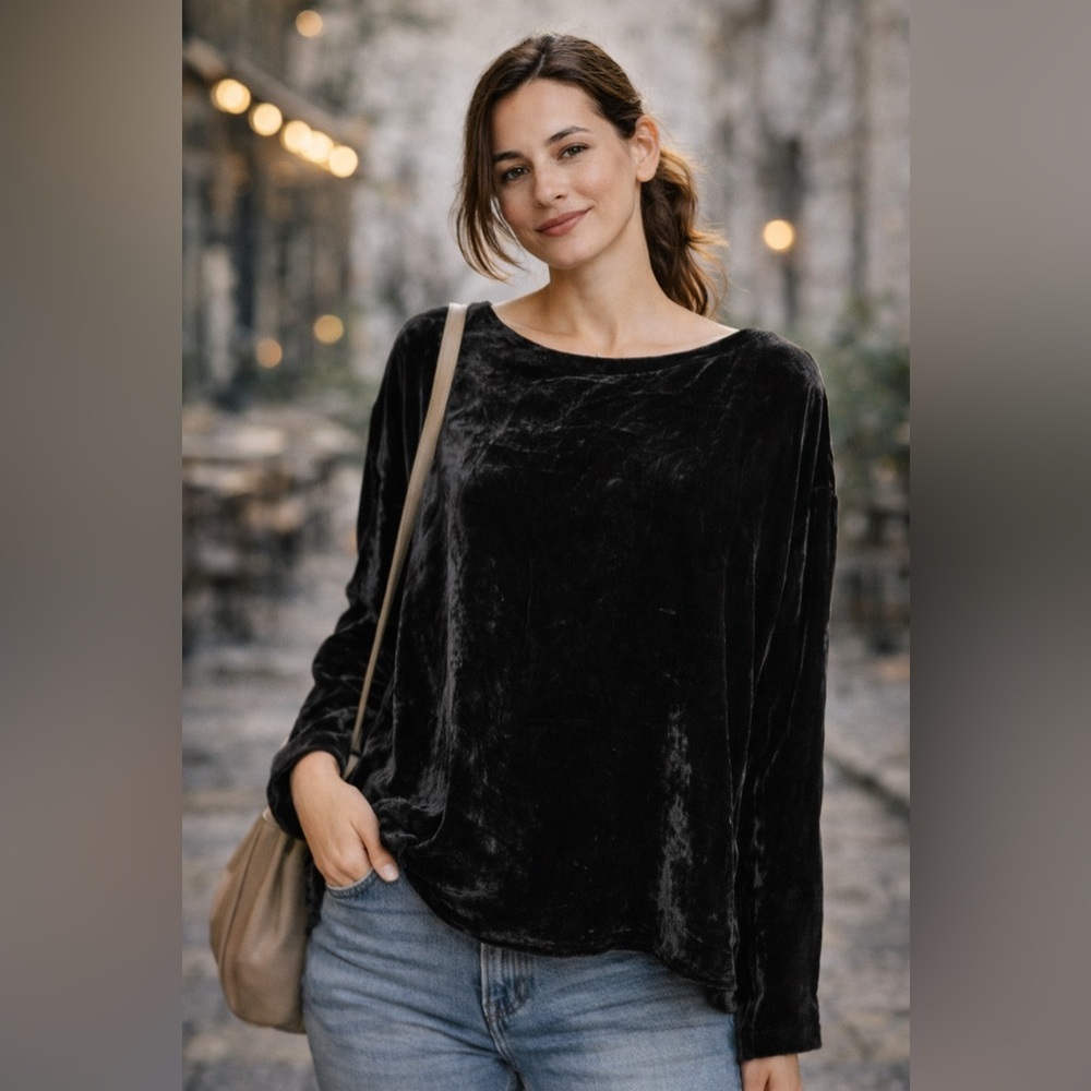 Eileen Fisher silk blend Velvet blouse black Long-Sleeve minimalist Top size S - Picture 2 of 12
